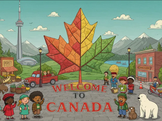 A cartoon of diverse canadians, everyone is happy, CN tower in the back